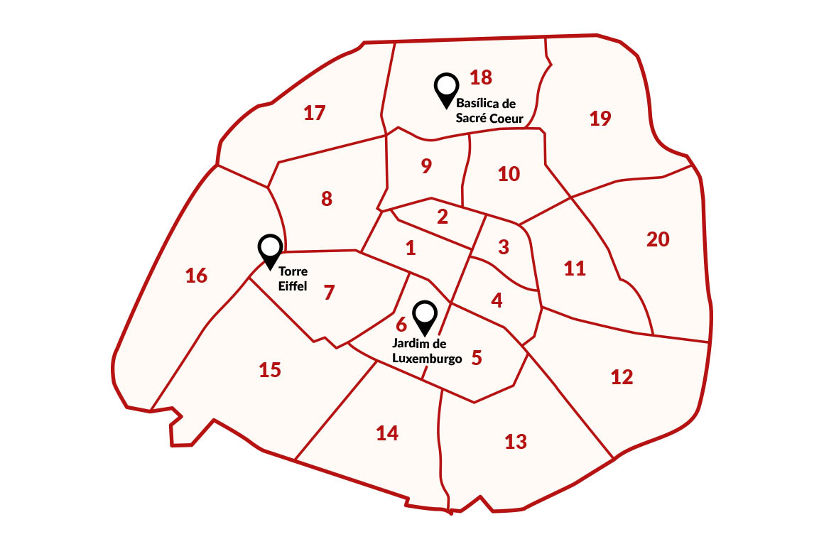 Mapa interativo dos 20 arrondissements de Paris (75001-75020): escolha o melhor bairro para hotéis em Paris 2026, priorizando centro (1º-11º) e evitando 19º/20º