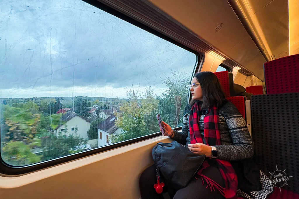 Pessoa no trem olhando pela janela.