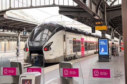 "Trem regional na plataforma da Gare de l'Est em Paris sob estrutura de ferro".